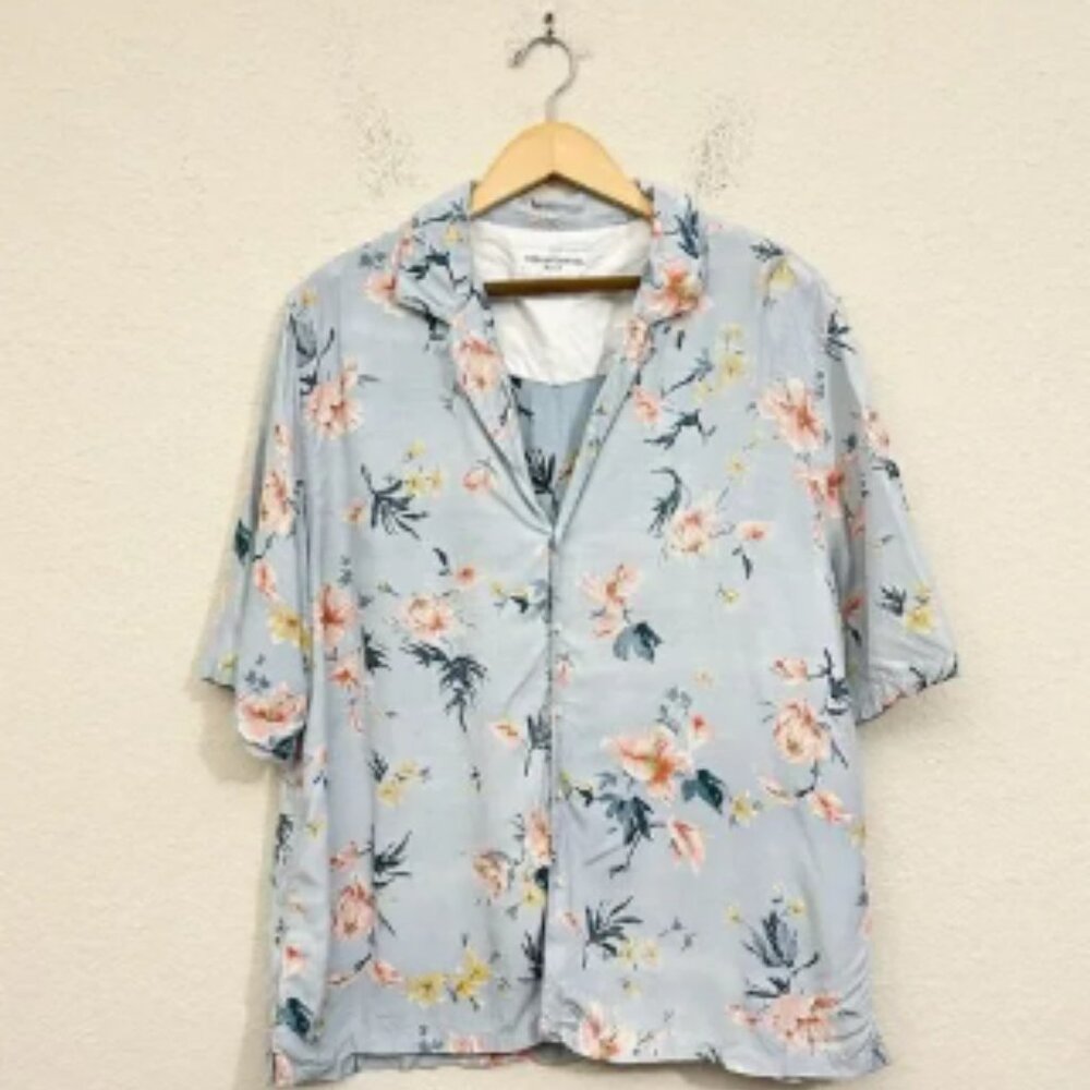 OFFICINE GENERALE Eren SS Floral Print Button-Up Shirt in Blue Multi